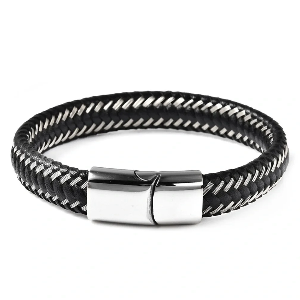 Genuine Leather and Stainless Steel Bracelet